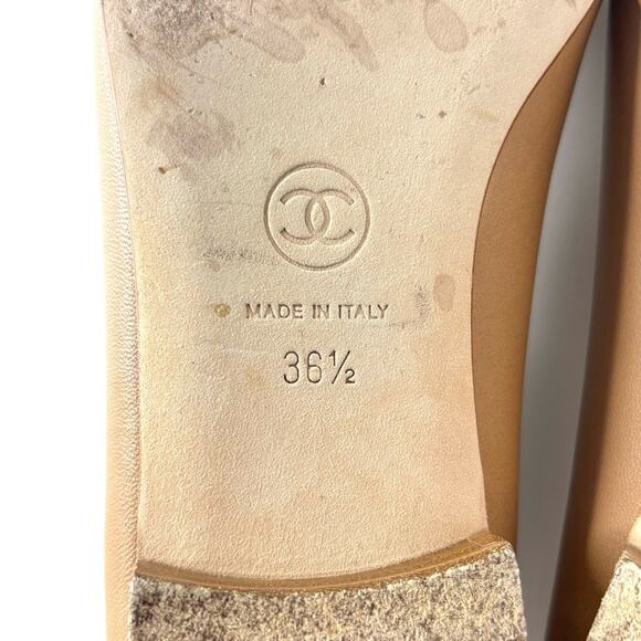 Chanel CC Logo Beige Black Leather Bow Embellished Ballet Flats 36.5 - Picture 7 of 11